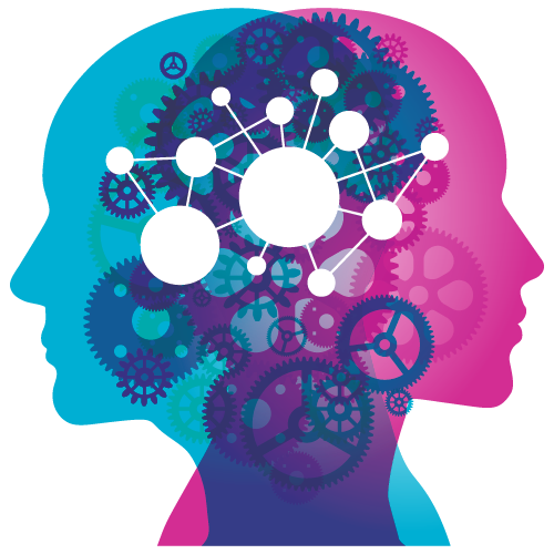 An abstract illustration showing two minds merged together with gears and clock-like inner workings.