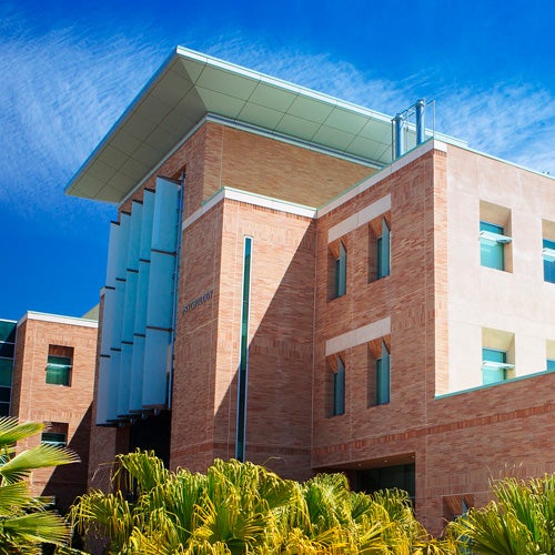 UCR's Psychology building sits amid green plants and palms against a bright blue sky.