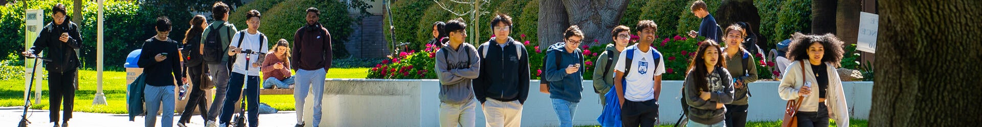 Students walk to class on a sunny day on the UC Riverside campus.