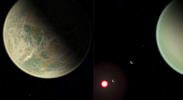 Conceptual rendering of water-bearing (left) and dry (right) exoplanets with oxygen-rich atmospheres (NASA/GSFC/Friedlander-Griswold)