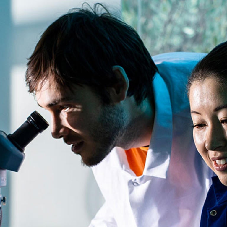 students in the lab with a microscope