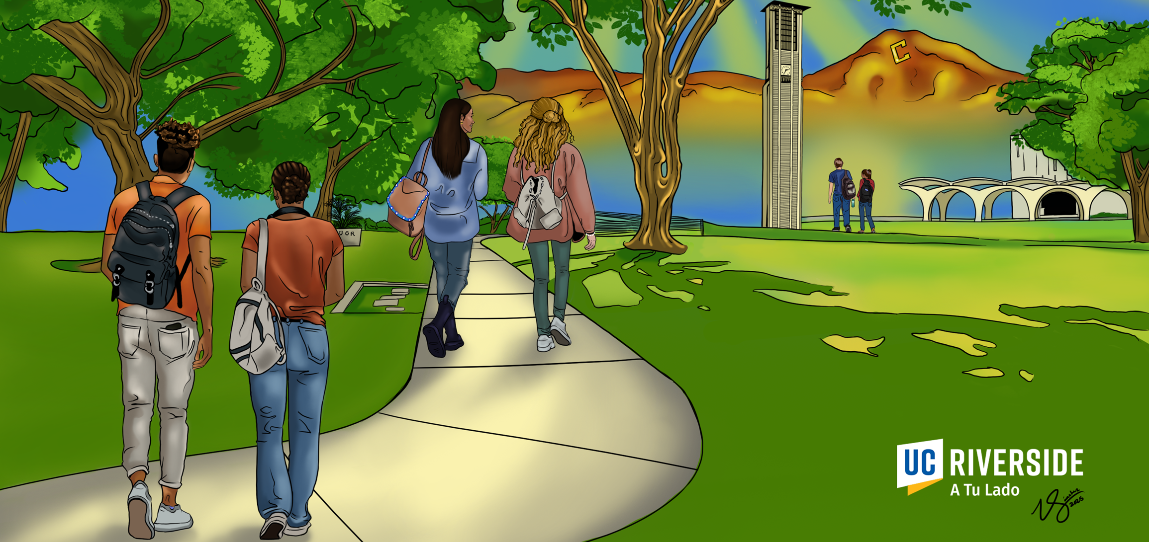 cartoon image of students on path