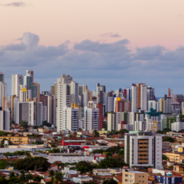A city skyline with skyscrapers