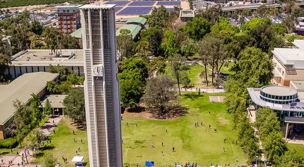 UCR campus and bell tower, aerial view