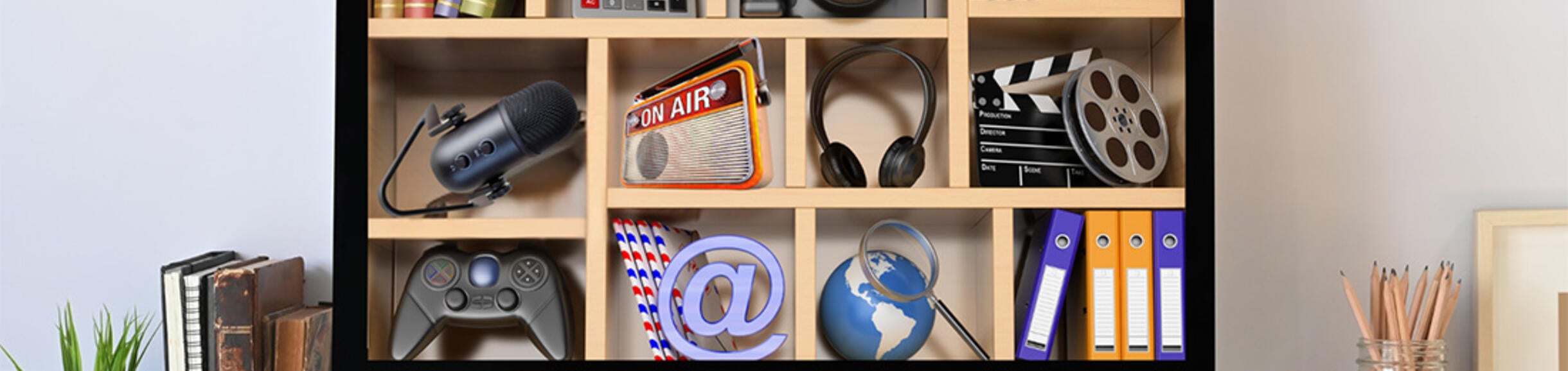 Computer screen with a bookshelf on it