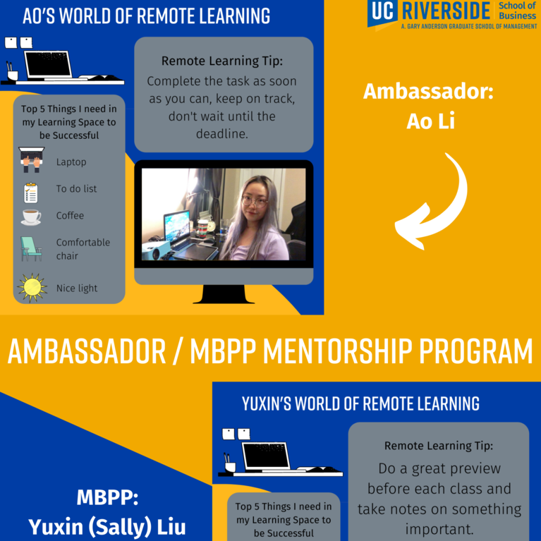 MBPP Ambassador Mentorship program mentee AO Li and MBPP Ambassador Mentorship program mentor Yuxin (Sally) Liu share remote learning tips