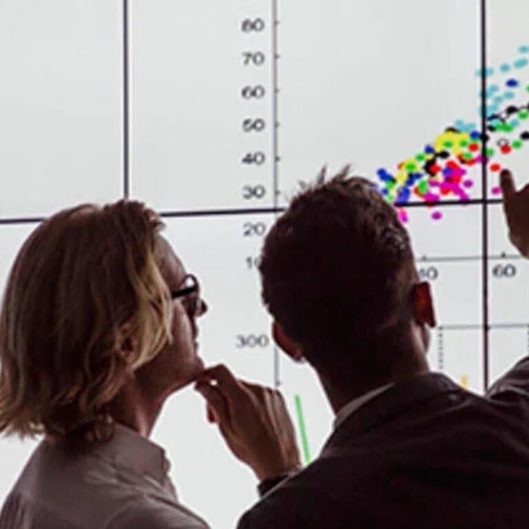 Two people in front of a digital dashboard showing Business Analytics data