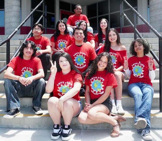 Student ambassadors at Rancho Verde High School who are part of Love 4 Life’s student program to create a positive school climate. Love 4 Life was founded by Wendy Romero ’19 BA ’22 MBA.