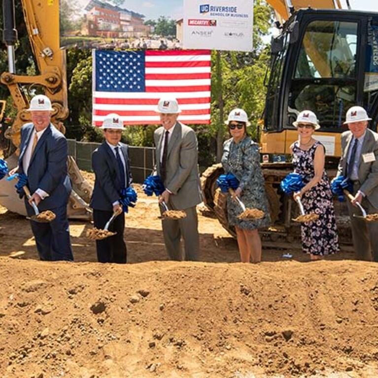 Groundbreaking ceremony 2023, campus leaders shoveling dirt