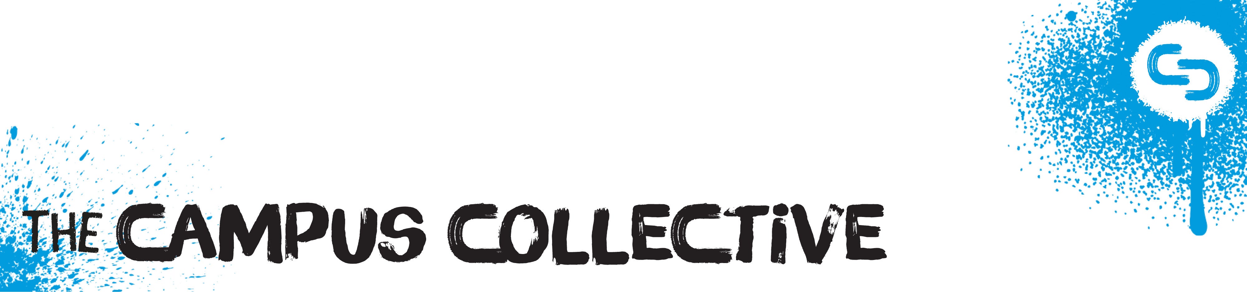 Blue spray paint marks with "The Campus Collective" written in black and a white logo with interlocking C's.