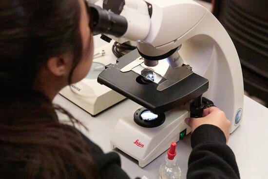 Student with a microscope