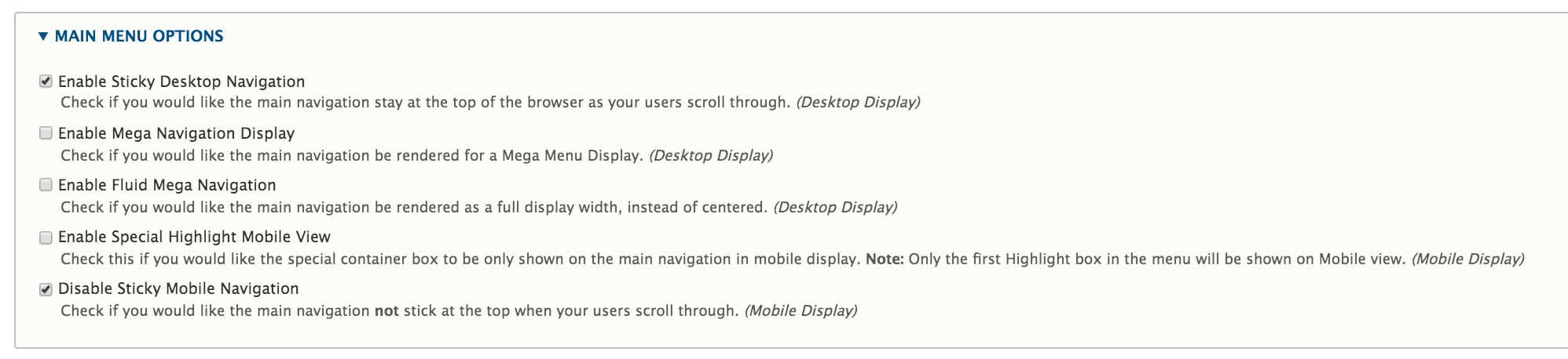 sticky navigation settings