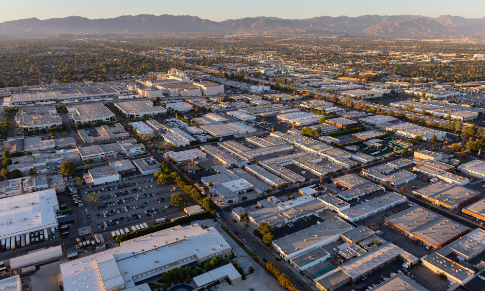 An aerial of warehouses