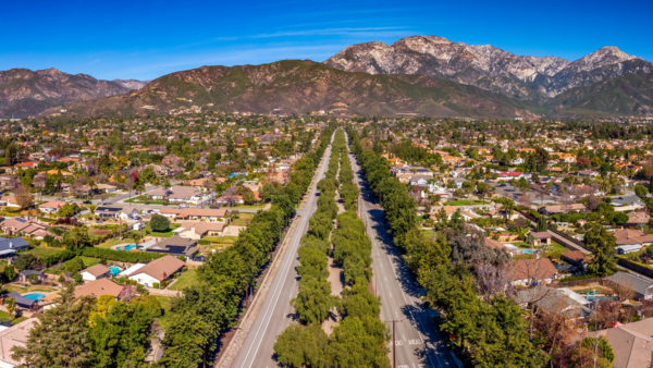 An aerial shot of Euclid street in Ontario, CA