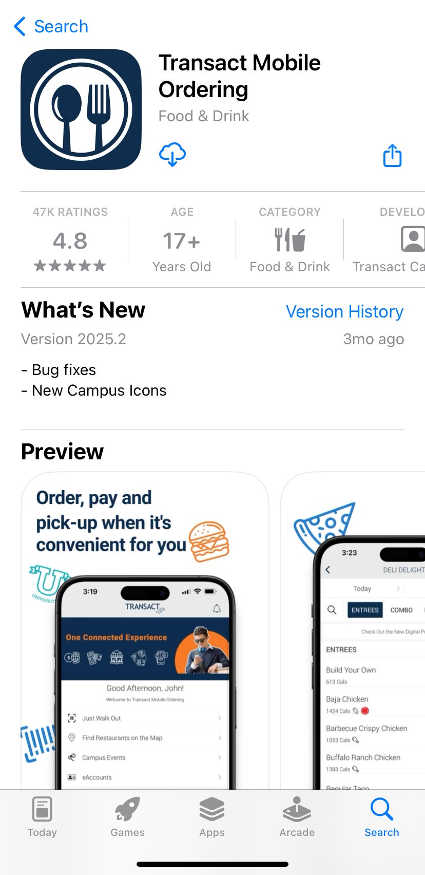 Transact Mobile Ordering app from apple store