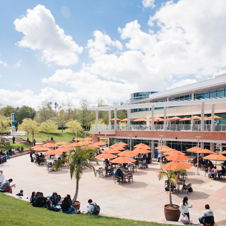 UCR Hub Plaza with Orange Umbrellas