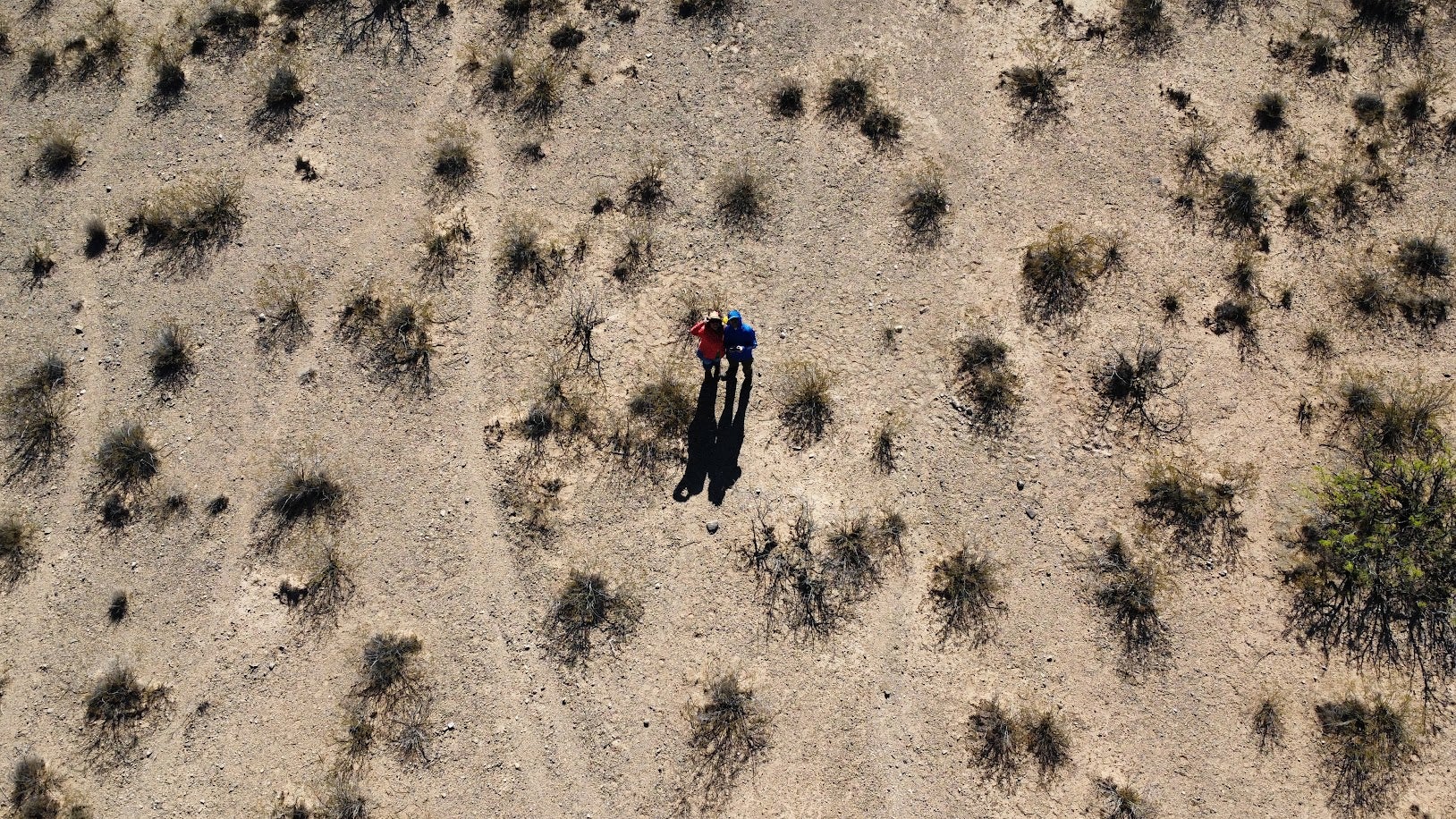 Aerial shot of two people doing field work in the desert