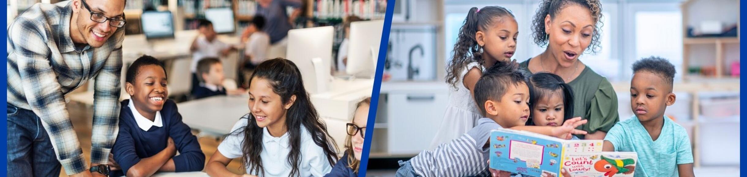 Black teachers will student around a table and reading a book