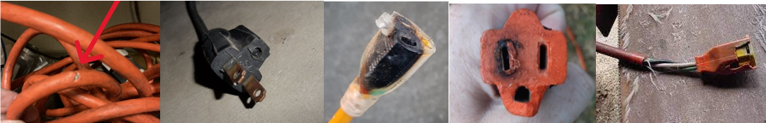 4 examples of cord damage showing cut, missing ground pin, burnt cord end, arcing damage, and damaged strain relief.
