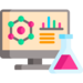 Computer screen with charts next to a glass beaker filled with pink liquid