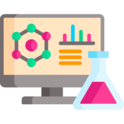 Computer screen with charts next to a glass beaker filled with pink liquid