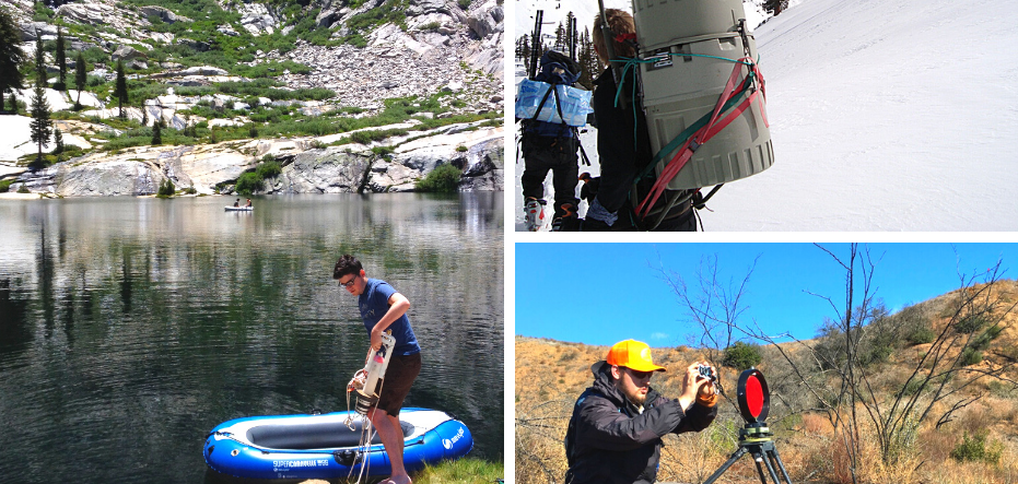 3 images of graduate students hiking in the snow, boating in the river, and taking pictures at the mountains.