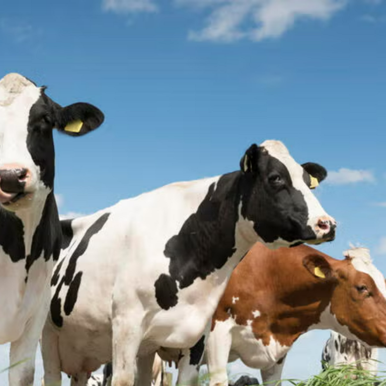 Cows in front of blue sky with clouds.