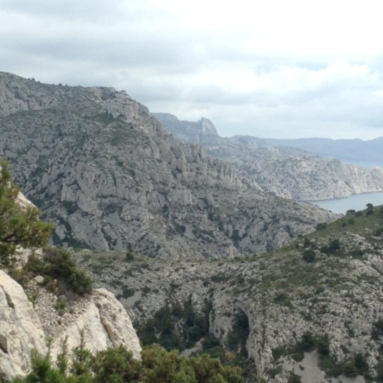 Rocky mountain view of lake.