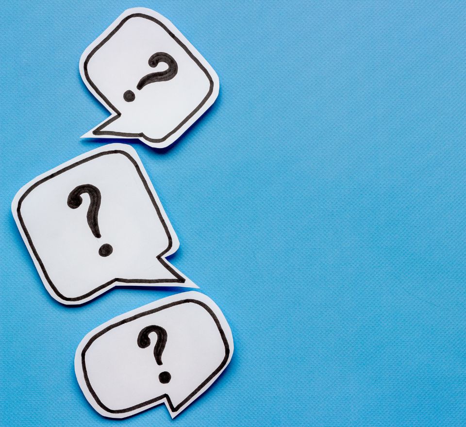 Light blue background with three question marks in thought bubbles down the left-hand side