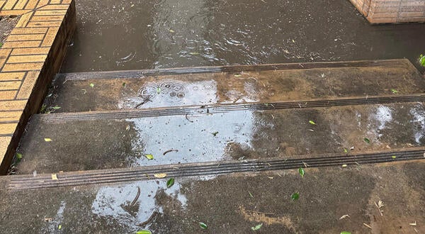 Water floods down steps