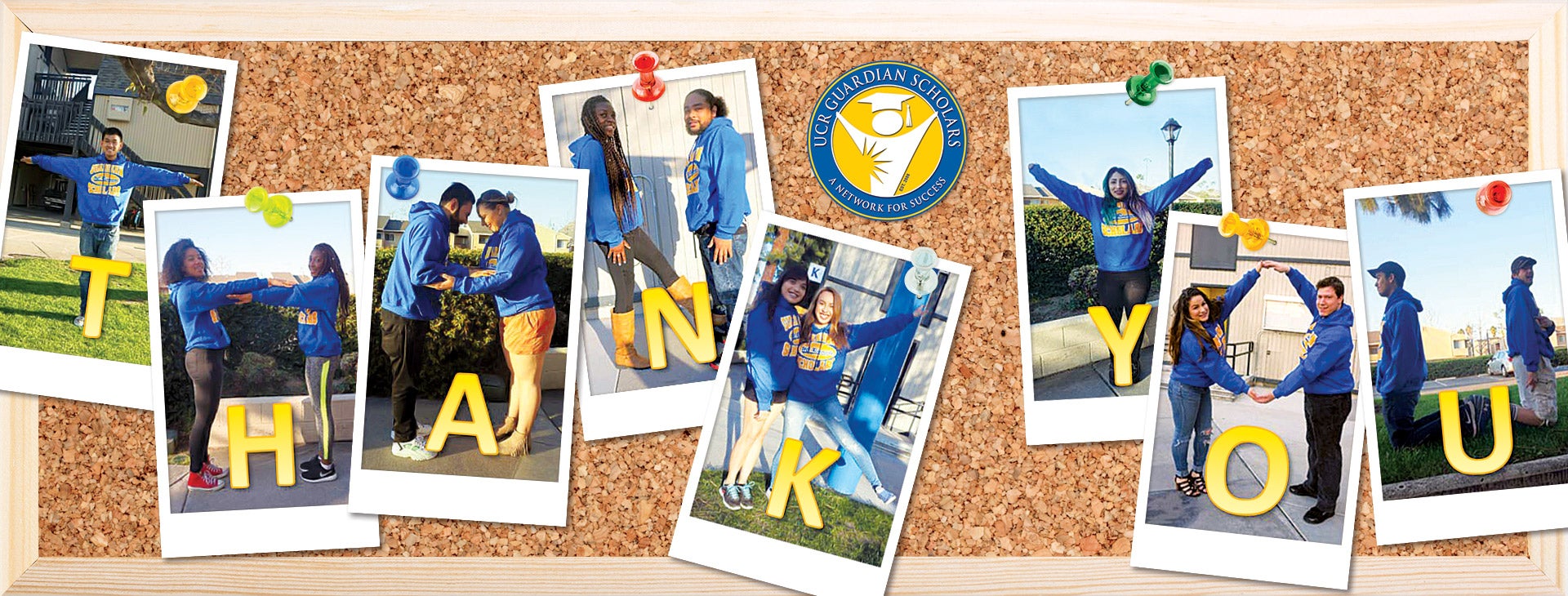 A bulletin board with pictures of Guardian Scholars students spelling out the letters of the words Thank You.