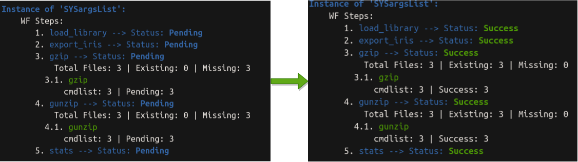 Status check of workflow. The run status flags of each workflow step are given in its summary view.
