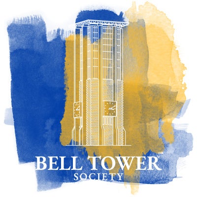 Bell Tower Society campaign graphic on top of watercolor brush strokes.