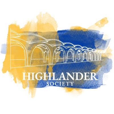 Highlander Society campaign graphic on top of watercolor brush strokes.