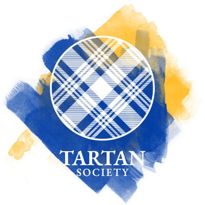Tartan Society campaign graphic on top of watercolor brush strokes.