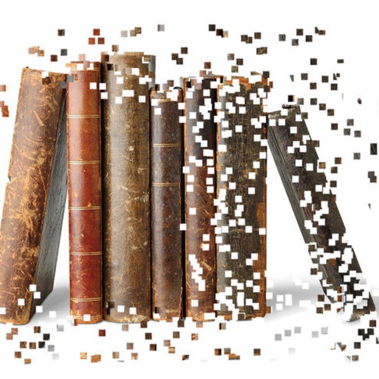 Books disintegrating into pixels