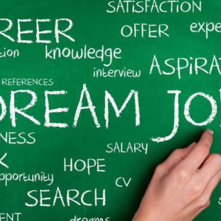 Blackboard with hand writing words such as "Career," "Hope," and "Dream job"