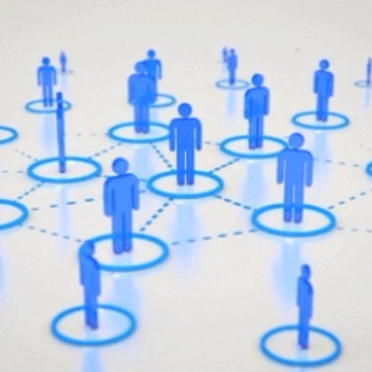 An ever-growing number of blue digital figures emerge and become visually connected to each other by a series of dashes and circles (GIF by Matthew Butler).