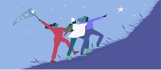 Three people looking at a map and walking up a hill under the night sky