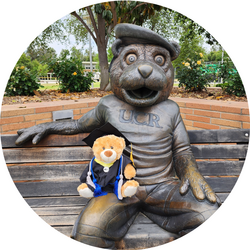 UCR Metal Scotty the Bear mascot on a bench with stuffed bear in graduation robe sitting on its lap