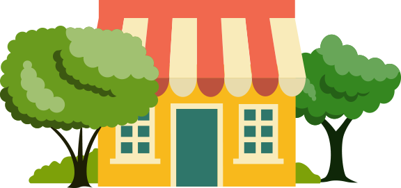 Cartoon of a house with trees on sides