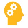 Gold icon of a silhouette of a thinking gear head.