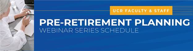 Pre-Retirment Planning Webinar banner depicting an elderly woman working at a desk in from of a computer monitor 