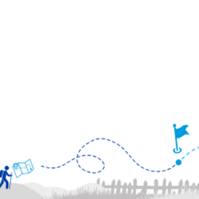 A person icon hiking through a map on a dotted pathway