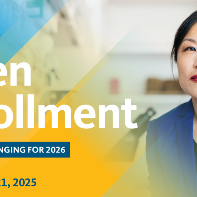 Open Enrollment Banner with woman posing