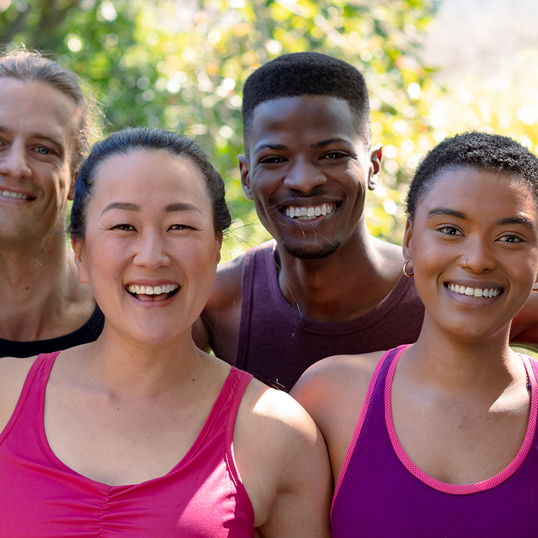 six people of different ethnicities in workout clothing