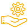 Gold outline of an icon of a hand with the palm up guiding an icon of a though gear representing  supervisor resources