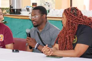 George in a question-and-answer session with leaders in Guyana.