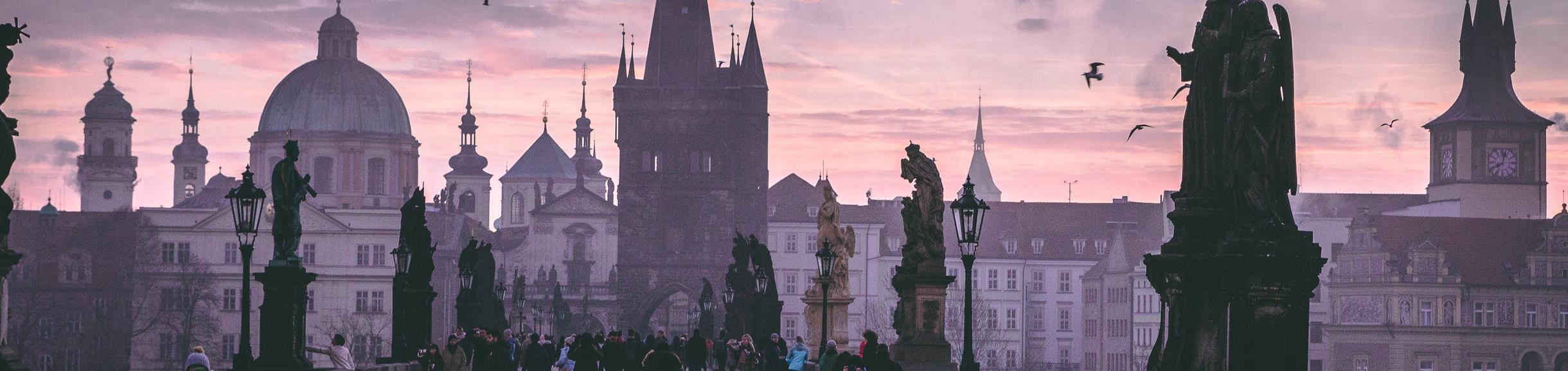 Dusk view of the Charles bridge in Prague, Czechia
