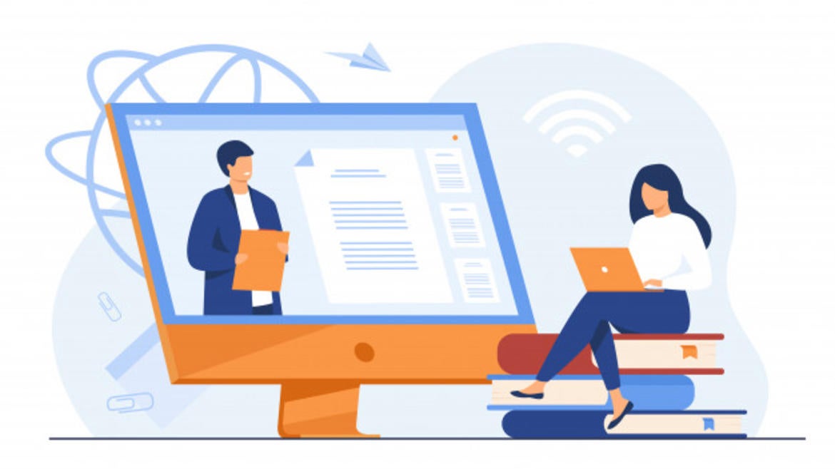 female sudent listening webinar online